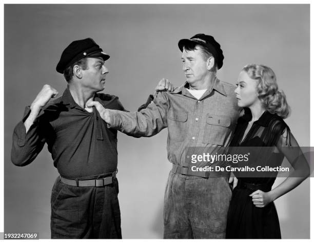 Publicity portrait of actors William Ching as 'Sprowl' , Chill Wills as 'Swede' and Adele Mara as 'Suntan Radford' in the film 'The Sea Hornet'...