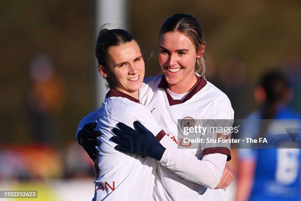 Jill Roord of Manchester City celebrates with teammate Kerstin Casparij after scoring their team's second goal during the Adobe Women's FA Cup Fourth...