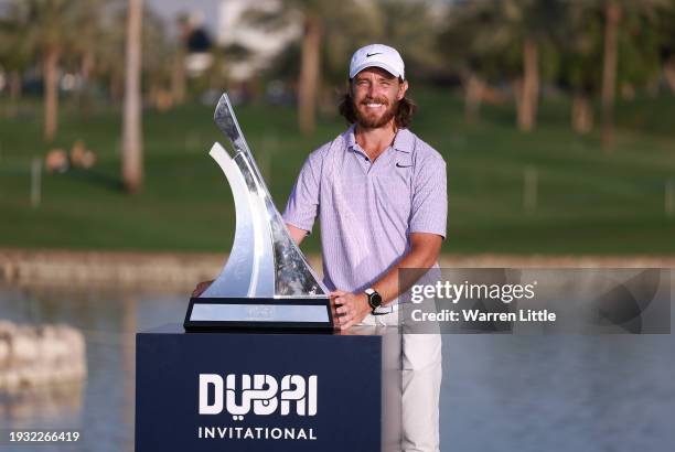 Tommy Fleetwood of England poses with the trophy after winning the Dubai Invitational at Dubai Creek Golf and Yacht Club on January 14, 2024 in...