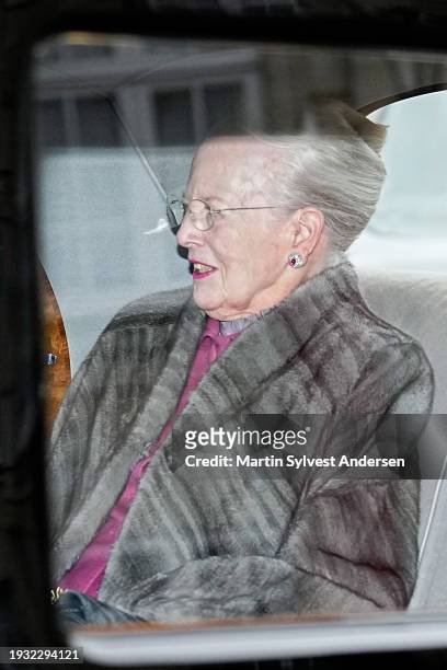 Queen Margrethe II of Denmark returns to Amalienborg ahead of the proclamation of HM King Frederik X and HM Queen Mary of Denmark on January 14, 2024...