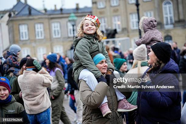 Members of the public gather ahead of the proclamation of HM King Frederik X and HM Queen Mary of Denmark at Amalienborg Palace Square on January 14,...