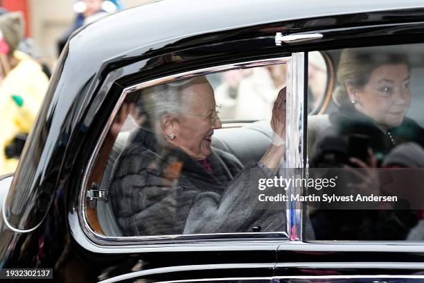 Queen Margrethe II of Denmark returns to Amalienborg ahead of the proclamation of HM King Frederik X and HM Queen Mary of Denmark on January 14, 2024...