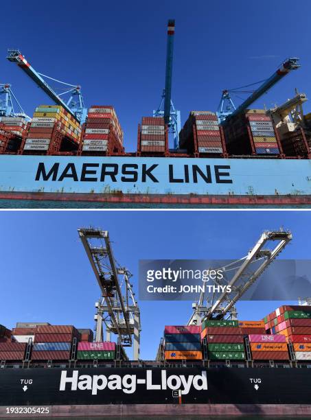 This combination of file pictures created on January 17, 2024 shows the container ship Maersk Line Manila and a Hapag-Lloyd container ship . Danish...
