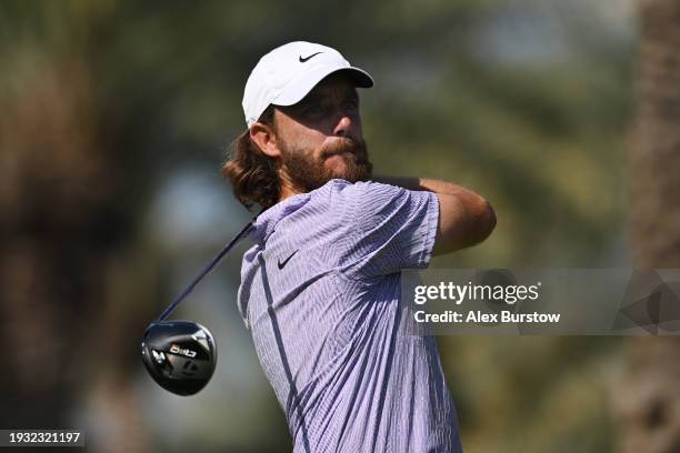 Tommy Fleetwood of England tees off on the seventh hole during Day Four of the Dubai Invitational at Dubai Creek Golf and Yacht Club on January 14,...