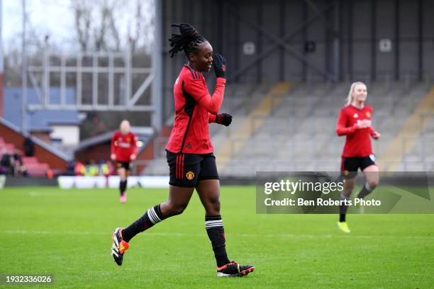 Melvine Malard of Manchester United celebrates scoring their team's fifth goal during the Adobe Women's FA Cup Fourth Round match between Manchester...