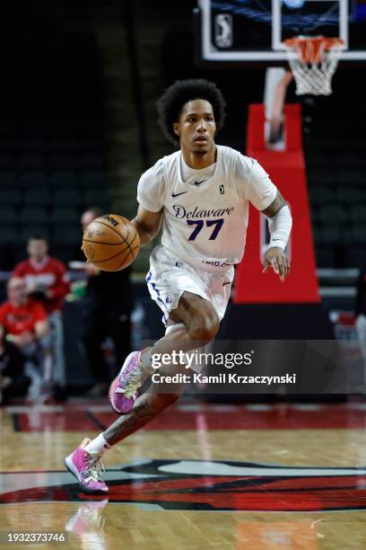 Patrick McCaw of the Delaware Blue Coats brings the ball up court during the game against the Windy City Bulls on January 15, 2024 at NOW Arena in...