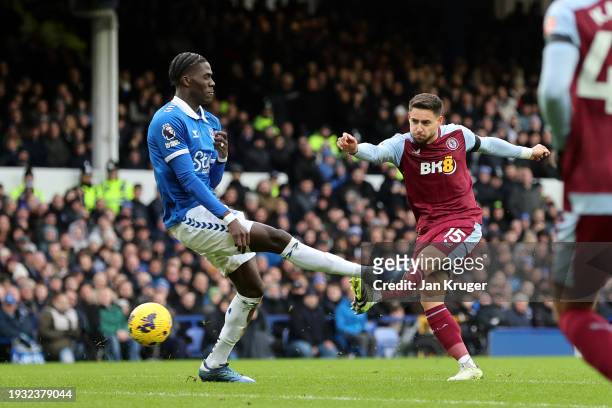 Alex Moreno of Aston Villa scores their team's first goal during the Premier League match between Everton FC and Aston Villa at Goodison Park on...