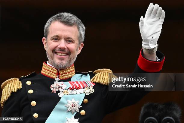 Danish King Frederik X waves after his proclamation by the Prime Minister, Mette Frederiksen on the balcony of Christiansborg Palace on January 14,...
