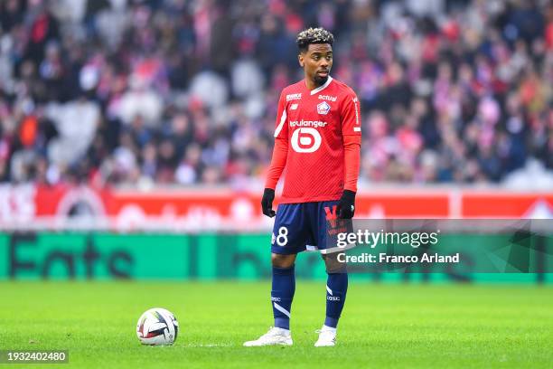 Angel Gomes of Lille OSC looks on during the Ligue 1 Uber Eats match between Lille OSC and FC Lorient at Stade Pierre-Mauroy on January 14, 2024 in...