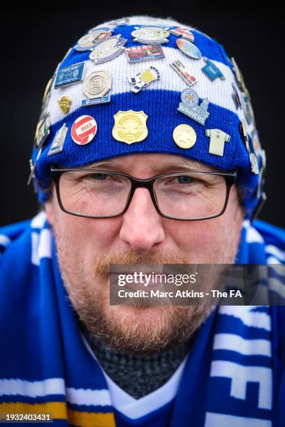 Leicester City fan looks on prior to the Adobe Women's FA Cup Fourth Round between Derby County Women and Leicester City Women at Don Amott Arena on...