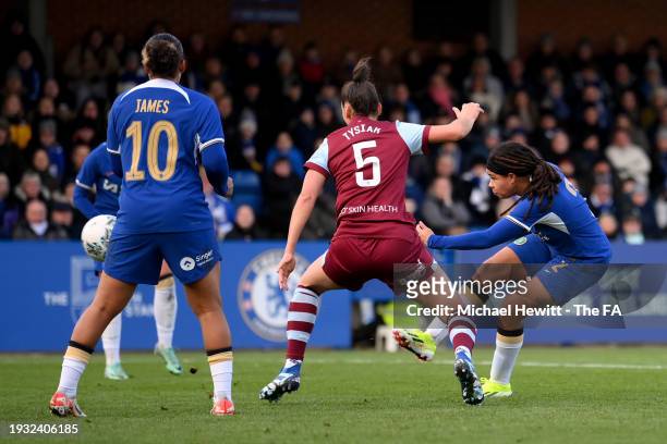 Mia Fishel of Chelsea scores their team's first goal during the Adobe Women's FA Cup Fourth Round match between Chelsea Women and West Ham United...