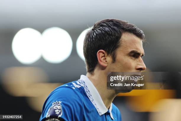 Seamus Coleman of Everton looks on during the Premier League match between Everton FC and Aston Villa at Goodison Park on January 14, 2024 in...