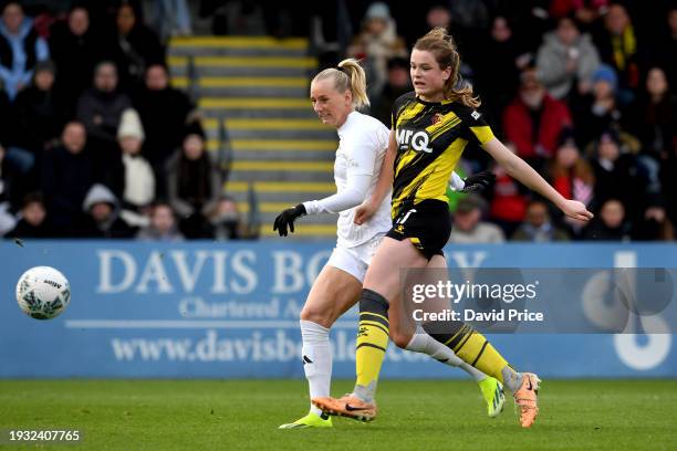 Stina Blackstenius of Arsenal scores their team's third goal during the Adobe Women's FA Cup Fourth Round match between Arsenal Women and Watford...