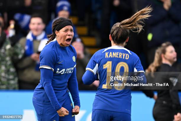 Mia Fishel of Chelsea celebrates with teammate Johanna Rytting Kaneryd after scoring their team's first goal during the Adobe Women's FA Cup Fourth...