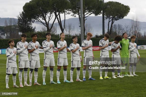 Italy U19 reacts during the International Friendly between Italy U19 and Spain U19 at Centro Tecnico Federale di Coverciano on January 17, 2024 in...