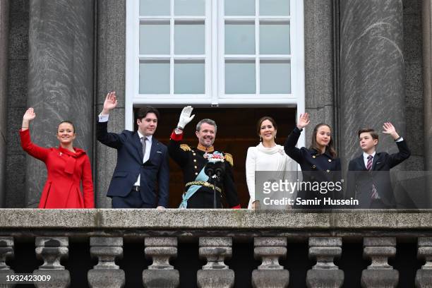 Princess Isabella, Crown Prince Christian, King Frederik X of Denmark, Queen Mary of Denmark, Princess Josephine and Prince Vincent wave after the...