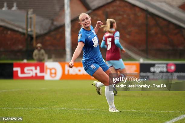 Libby Smith of Birmingham celebrates after scoring their team's first goal during the Adobe Women's FA Cup Fourth Round match between Burnley Women...