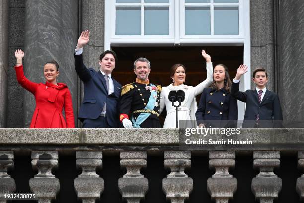 Princess Isabella, Crown Prince Christian, King Frederik X of Denmark, Queen Mary of Denmark, Princess Josephine and Prince Vincent wave after the...