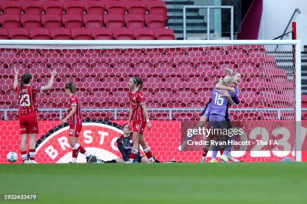 Gemma Bonner of Liverpool celebrates with teammate Sofie Lundgaard after scoring their team's first goal during the Adobe Women's FA Cup Fourth Round...