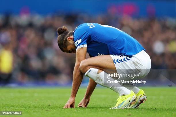 Dominic Calvert-Lewin of Everton reacts after a missed chance during the Premier League match between Everton FC and Aston Villa at Goodison Park on...