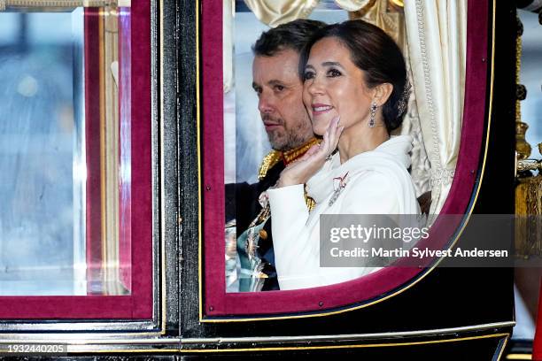 King Frederik X and Queen Mary of Denmark arrive at Amalienborg after being proclaimed as King and Queen Denmark on January 14, 2024 in Copenhagen,...