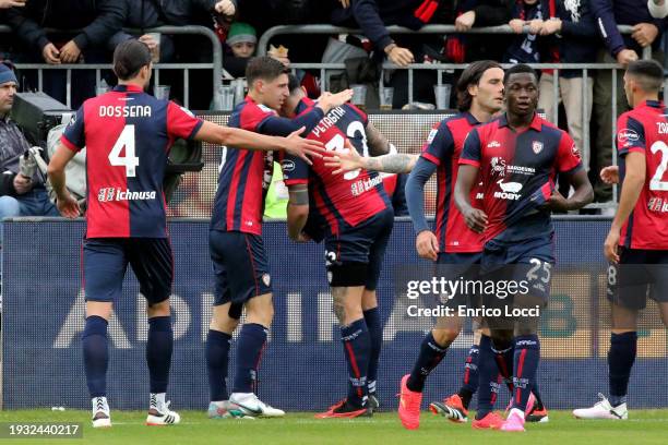 Andrea Petagna of Cagliari celebrates his goal 1-1 with the team mates during the Serie A TIM match between Cagliari and Bologna FC - Serie A TIM at...