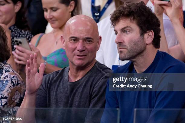 Andre Agassi attends the round one singles match between Novak Djokovic of Serbia and Dino Prizmic of Croatia at Rod Laver Arena during day one of...