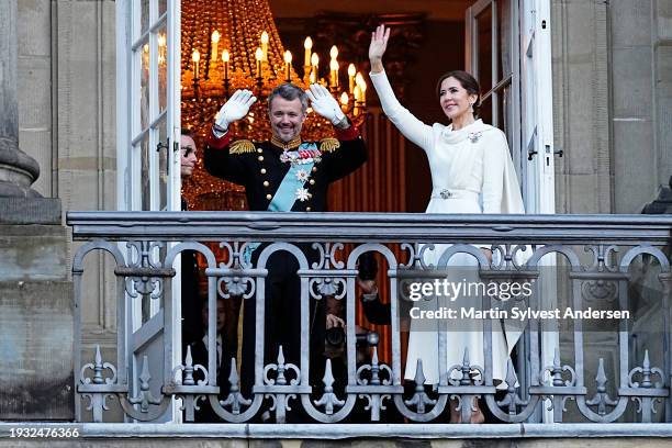 King Frederik X and Queen Mary of Denmark wave from the balcony of Amalienborg after being proclaimed as King and Queen Denmark on January 14, 2024...