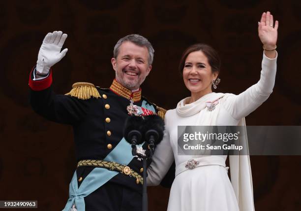 Danish King Frederik X and Queen Mary wave from the balcony of Christiansborg Palace shortly after his proclamation on January 14, 2024 in...