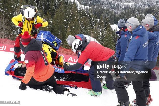 Remi Cuche crashes out during the Audi FIS Alpine Ski World Cup Men's Downhill Training on January 17, 2024 in Kitzbuehel, Austria.
