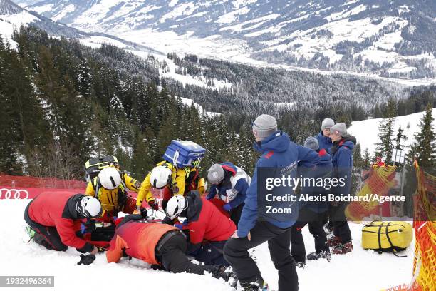 Remi Cuche crashes out during the Audi FIS Alpine Ski World Cup Men's Downhill Training on January 17, 2024 in Kitzbuehel, Austria.