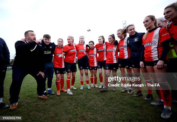 Rob Burton, Manager of Luton Town Ladies, leads a team talk after the Adobe Women's FA Cup Fourth Round match between Luton Town Ladies and Brighton...