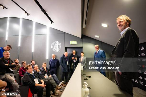 Sir Jim Ratcliffe of INEOS meets members of the press ahead of the Premier League match between Manchester United and Tottenham Hotspur at Old...