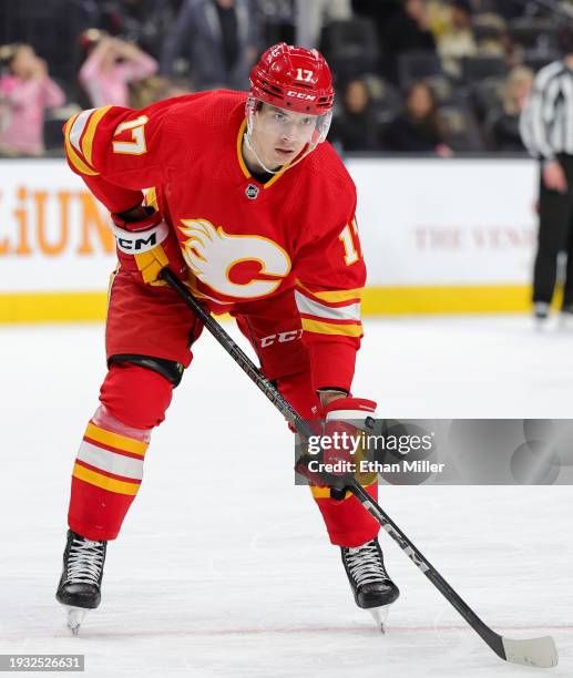 Yegor Sharangovich of the Calgary Flames waits for a faceoff in the third period of a game against the Vegas Golden Knights at T-Mobile Arena on...