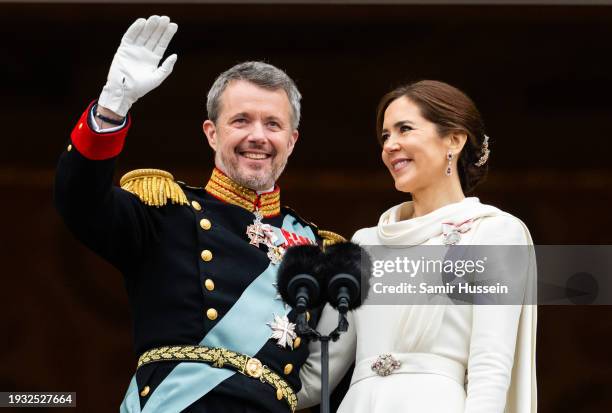 Danish King Frederik X and wife Queen Mary of Denmark after their proclamation by the Prime Minister, Mette Frederiksen on the balcony of...