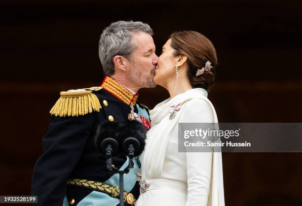 Danish King Frederik X and wife Queen Mary of Denmark after their proclamation by the Prime Minister, Mette Frederiksen on the balcony of...