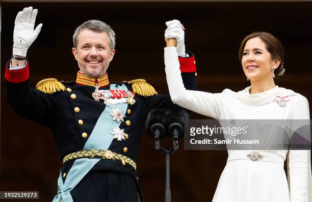 Danish King Frederik X and wife Queen Mary of Denmark after their proclamation by the Prime Minister, Mette Frederiksen on the balcony of...