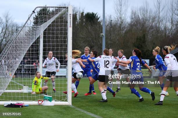 Lena Petermann of Leicester City scores the opening goal during the Adobe Women's FA Cup Fourth Round between Derby County Women and Leicester City...