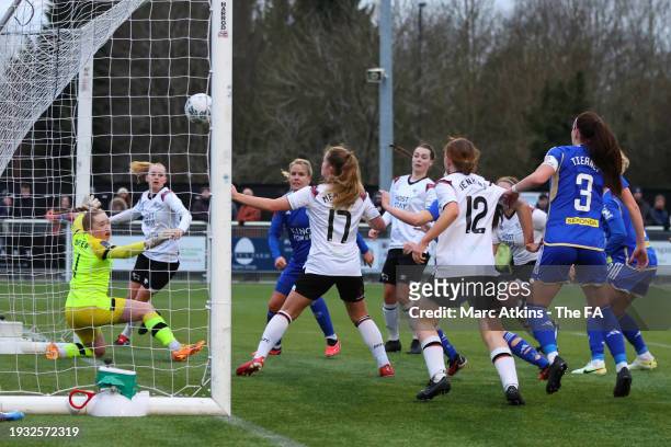 Lena Petermann of Leicester City scores the opening goal during the Adobe Women's FA Cup Fourth Round between Derby County Women and Leicester City...