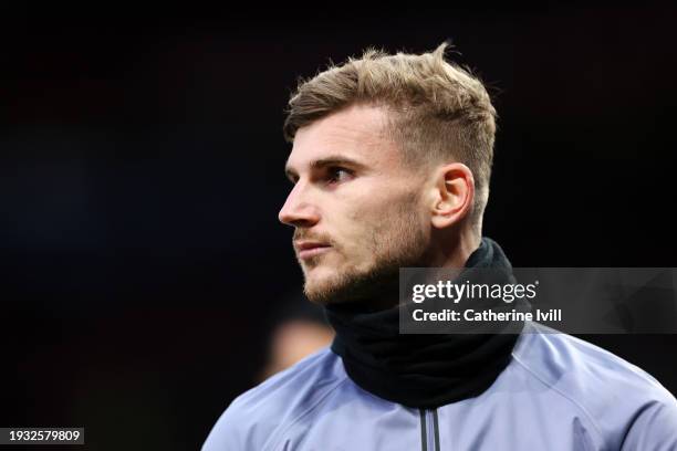 Timo Werner of Tottenham Hotspur looks on during the warm up prior to dhe Premier League match between Manchester United and Tottenham Hotspur at Old...