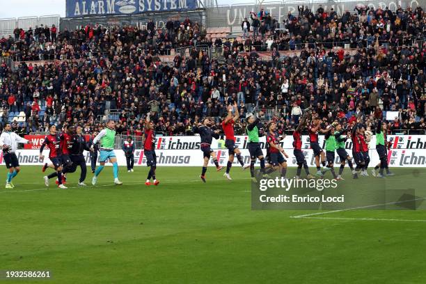 The players of Cagliari celebrates his victory at the end of the Serie A TIM match between Cagliari and Bologna FC - Serie A TIM at Sardegna Arena on...