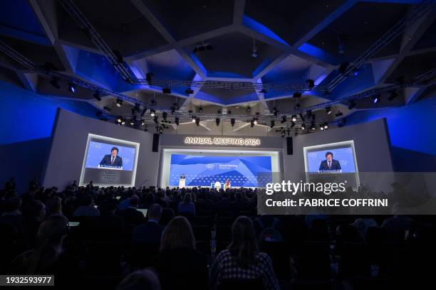 Argentina's President Javier Milei delivers a speech at the World Economic Forum meeting in Davos on January 17, 2024.