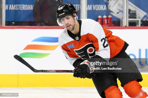 Ryan Poehling of the Philadelphia Flyers skates during warm-ups prior to the start of his game against the Pittsburgh Penguins at the Wells Fargo...