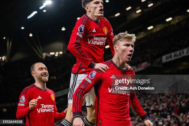 Rasmus Hojlund of Manchester United celebrates scoring their first goal during the Premier League match between Manchester United and Tottenham...