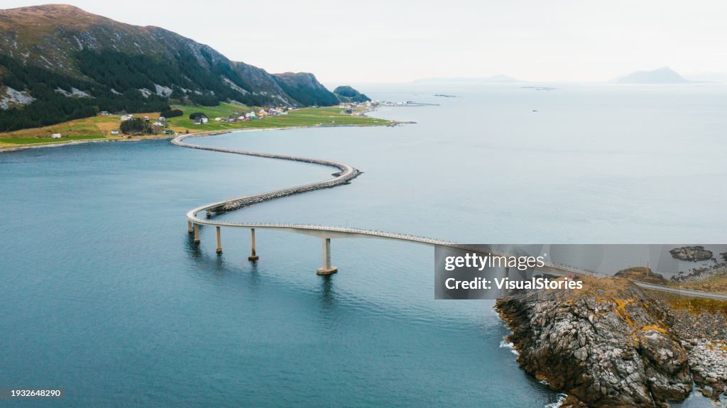 Aerial View of Modern Sea Bridge to Island in Norway