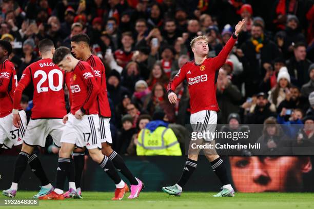 Rasmus Hojlund of Manchester United celebrates after scoring their team's first goal during the Premier League match between Manchester United and...