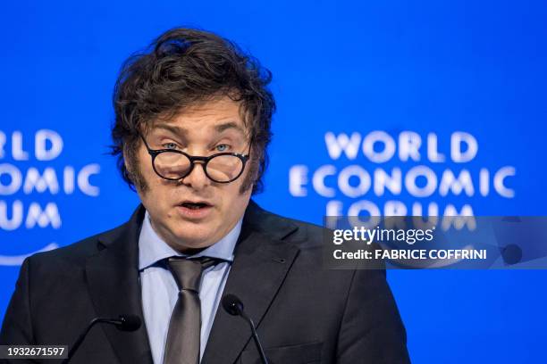 Argentina's President Javier Milei delivers a speech at the World Economic Forum meeting in Davos on January 17, 2024.
