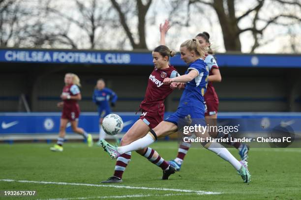 Aggie Beever-Jones of Chelsea scores her team's third goal during the Adobe Women's FA Cup Fourth Round match between Chelsea and West Ham United at...