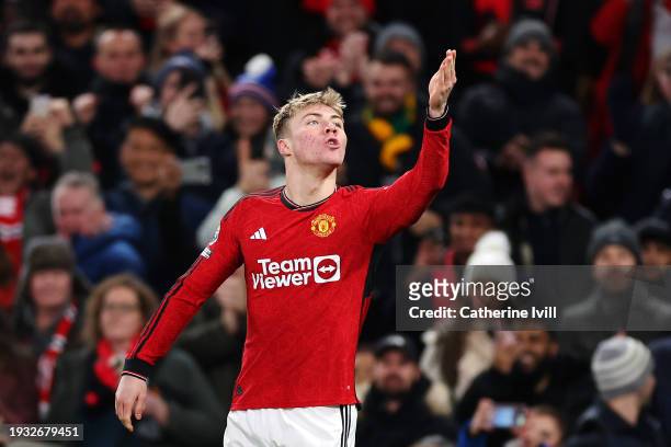 Rasmus Hojlund of Manchester United celebrates after scoring their team's first goal during the Premier League match between Manchester United and...