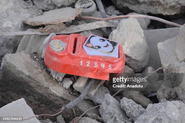 View a toy at the site targeted by Iran's Islamic Revolutionary Guard Corps missile attacks as search and rescue efforts continue in Erbil, Iraq on...